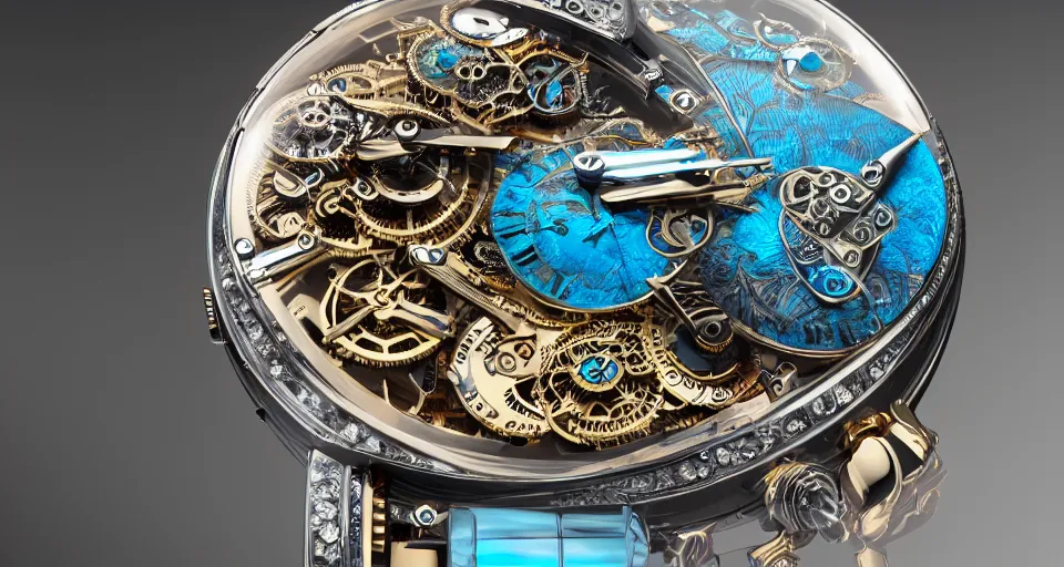 Image similar to a steampunk sleek, jewelled, tropical bird repeater watch by Jaquet Droz, highly detailed illustration highlights, gold and silver highlights, neon blue highlights, macro photography, F/2.8, trending on artstation, octane render