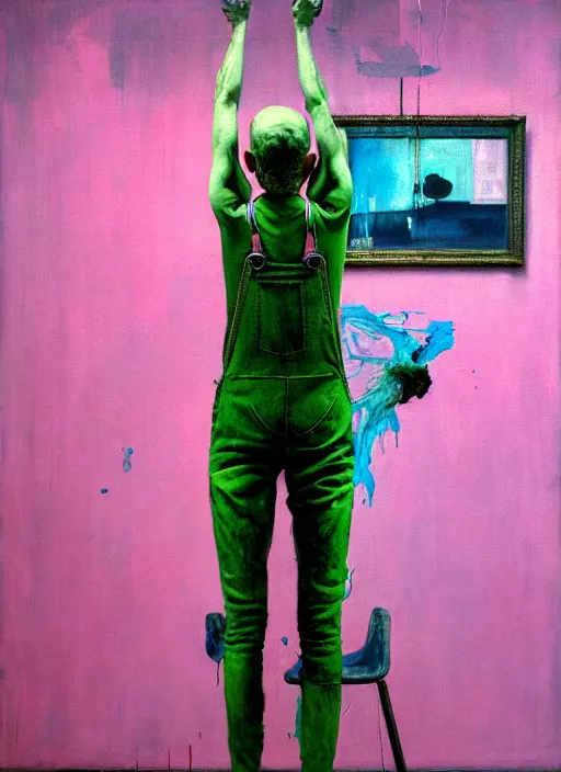 Prompt: an insane, skinny, artist wearing overalls, expressive painting the walls inside a grand messy studio, depth of field, hauntingly surreal, highly detailed painting by francis bacon, edward hopper, adrian ghenie, glenn brown, and james jean, soft light 4 k in pink, green and blue colour palette, cinematic composition,