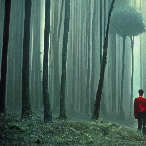Prompt: a forest, in the background there is a young man wearing red clothes. still from blade runner.