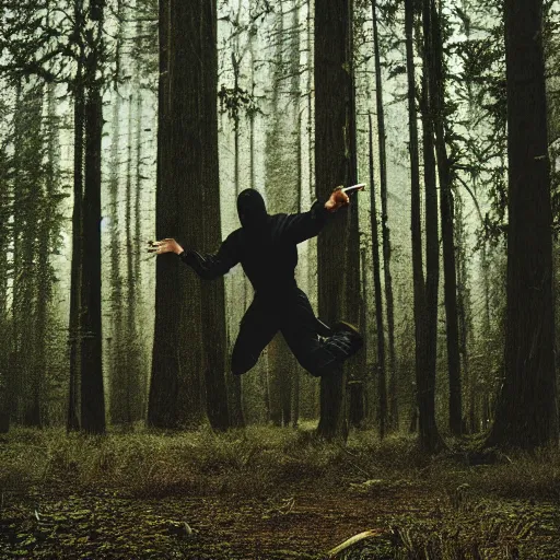 Prompt: An award winning photograph of a a ninja in a moody forrest jumping