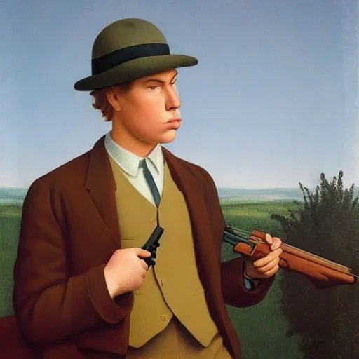 Prompt: a confused young-man weilds a gun by Raphael, Hopper, and Rene Magritte. detailed, romantic, enchanting, trending on artstation.