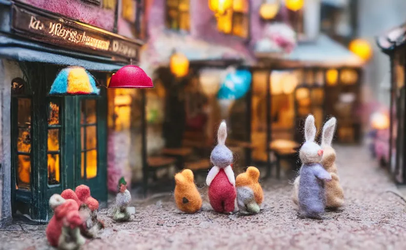 Image similar to miniature cafe diorama macro photography, cafe with felted bunnies, alleyway, ambient, atmospheric, british, cozy, bokeh, romantic, colorful lanterns