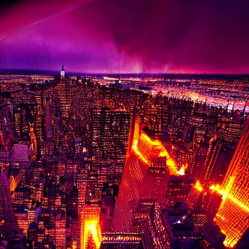 Image similar to new york burning purple fire, ultra detailed, great quality photograph