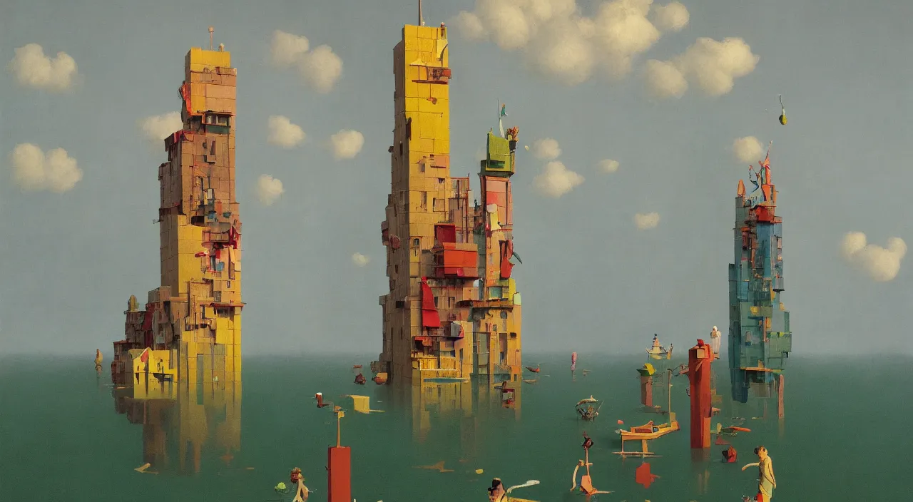 Prompt: single flooded simple floating clay tower, very coherent and colorful high contrast!! masterpiece by rene magritte simon stalenhag carl spitzweg syd mead norman rockwell edward hopper james gilleard, minimalist, dark shadows, sunny day, hard lighting