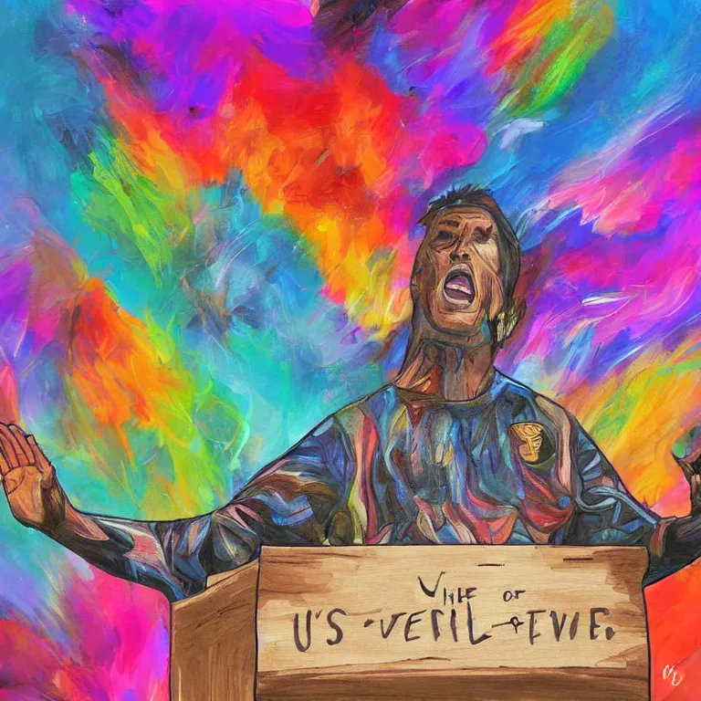 Prompt: The leader of the universe giving a powerful speech, emotional, colorful, digital painting, impactful, art station