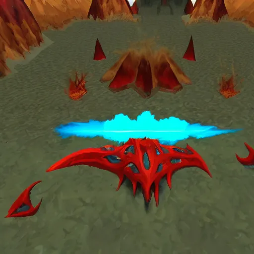 Prompt: TzKal-Zuk at the Inferno, old school runescape, lava river, magma, large shield of magma, obsidian pillars