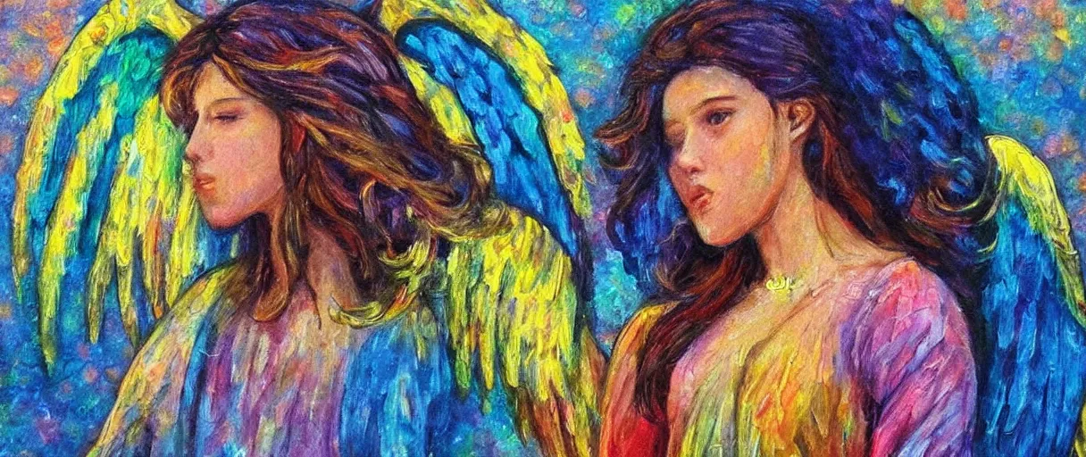 Image similar to biblically accurate angel, painting, artistic, angelic, colorful