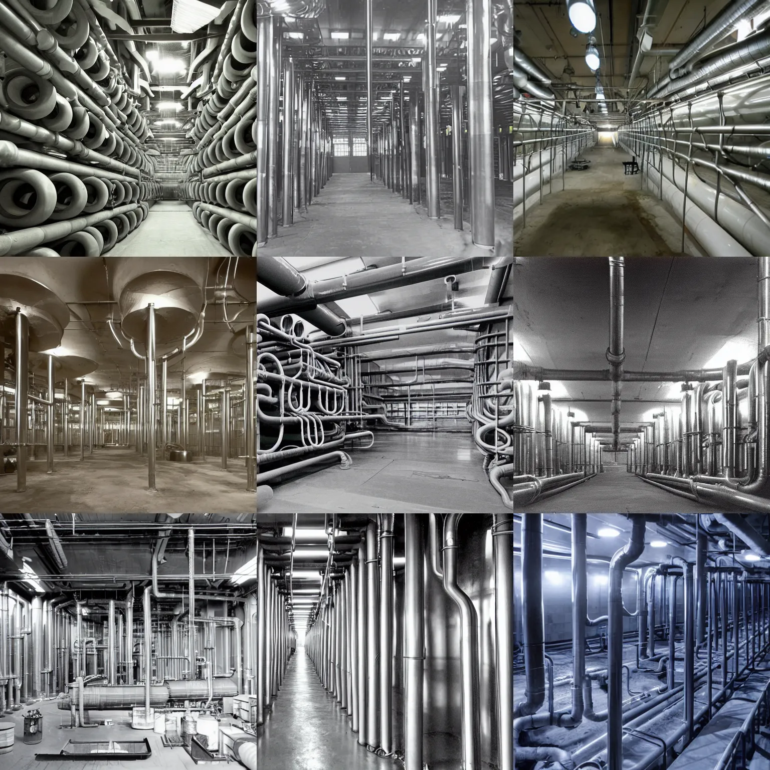 Prompt: interior of a secret facility with large tubes and pipes