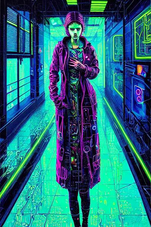 Prompt: dreamy cyberpunk girl, neon rain coat, detailed acrylic, intricate complexity, by dan mumford and by alberto giacometti, peter lindbergh