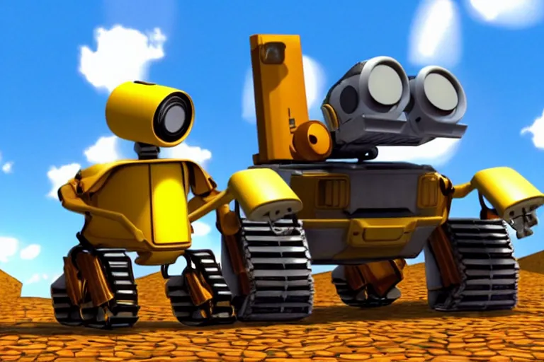 Image similar to wall - e in super mario 6 4, heavy detailed, ultra high definition quality, super mario 6 4 game engine graphics