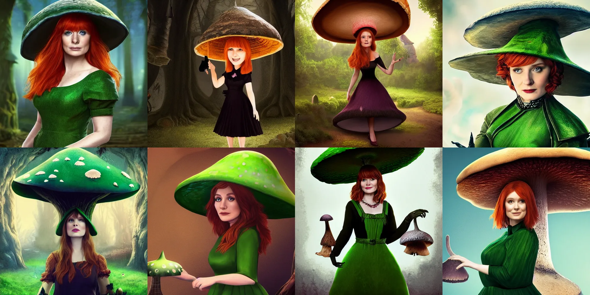 Prompt: bryce dallas is a cute witch wearing a large mushroom hat and green dress, Detailed Digital Art, dynamic lighting, Highly Detailed, Cinematic Lighting, Unreal Engine, 8k, HD