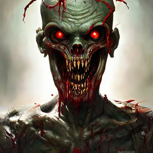 Image similar to zombie from doom eternal, front view, painted by stanley lau, painted by greg rutkowski, painted by stanley, artgerm, masterpiece, digital art, trending on arts