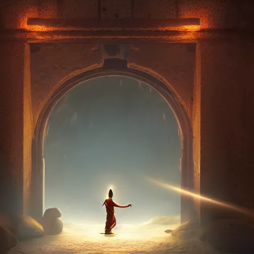 Prompt: concept art a monk discovering a portal to enlightenment, 8 k, cinematic lighting, dark, detailed, crisp, clarity, crisp, ornate, luxury, elite, zen, cinematic