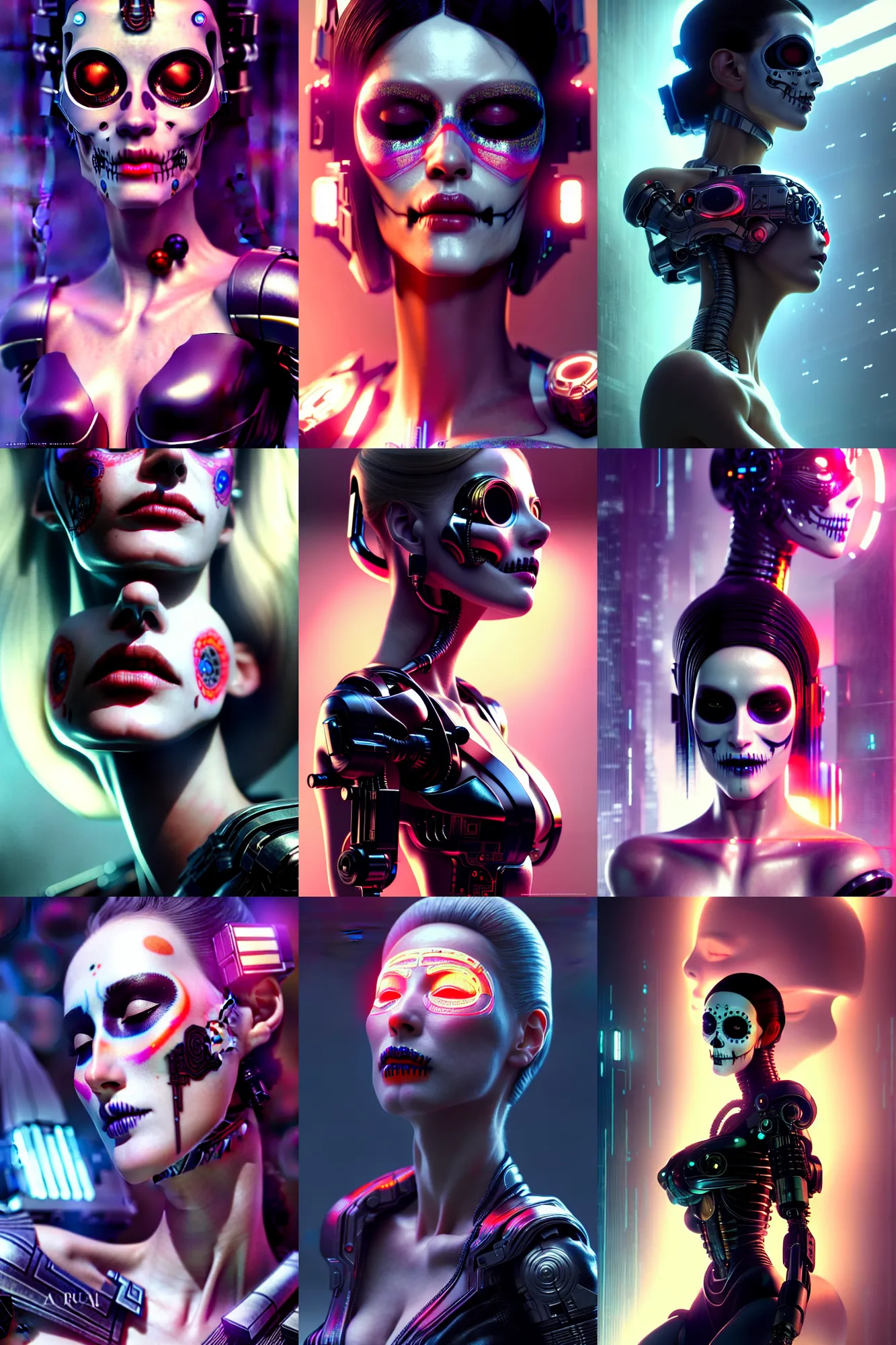 Image similar to beautiful android woman, eyes closed, photorealistic cinematic, 3 d model, cyborg, postcyberpunk, blade runner, octane render, concept art, vogue, 8 k, intricate detailed environment ( ( el dia los muertos ) ). by terry oneill and artgerm and kuciara and mucha