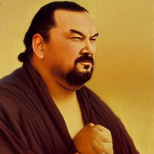 Prompt: Painting of obese Steven Seagal as Obi-Wan Kenobi. Art by william adolphe bouguereau. During golden hour. Extremely detailed. Beautiful. 4K. Award winning.