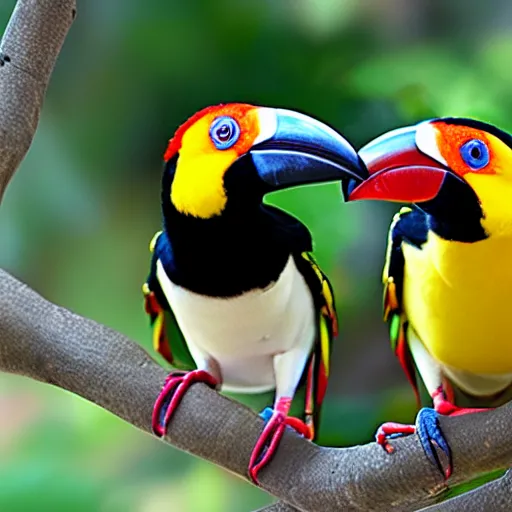 Image similar to white - breasted toucans ( ramphastos tucanus ) of gummy, lemon flavor with strawberry, cherry and orange stripes on the beak.