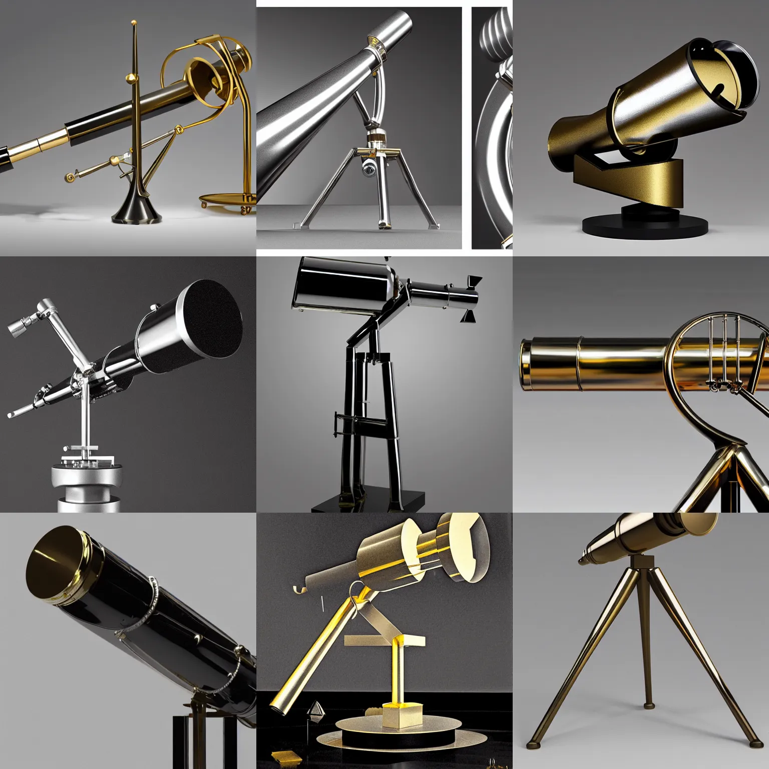 Prompt: a gold and silver model of a telescope on a black stand, an art deco sculpture by laszlo moholy - nagy, featured on polycount, kinetic art, made of liquid metal, airbrush art, hard surface modeling