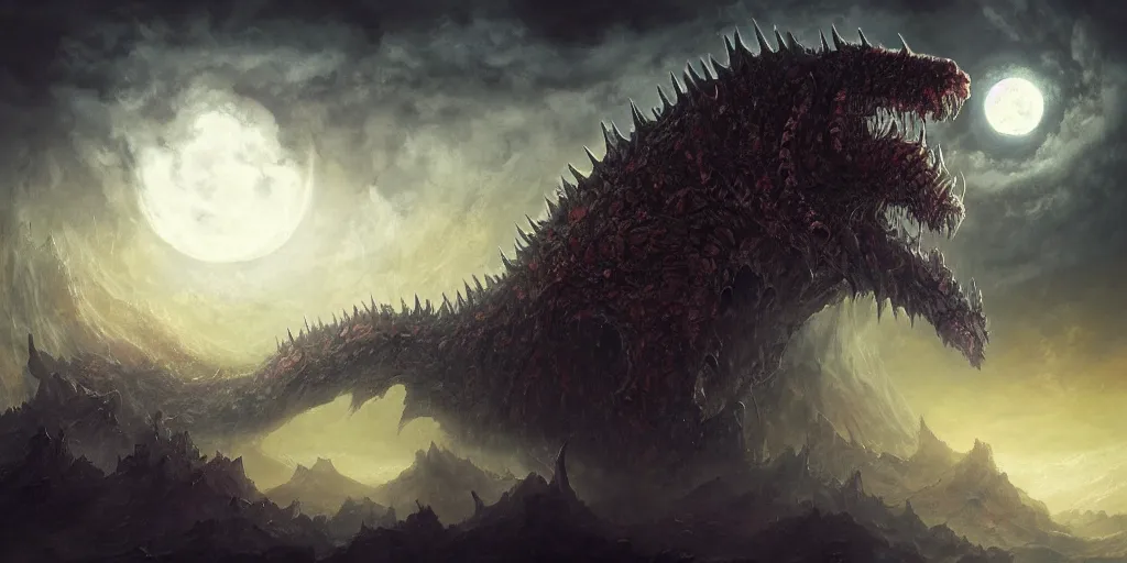 Image similar to concept art of giant kaiju, japanese, lots of teeth, melting horror, round moon, rich clouds, fighting the horrors of the unknown, mirrors, very detailed, volumetric light, mist, grim, fine art, decaying, textured oil over canvas, epic fantasy art, very colorful, ornate, anato finnstark