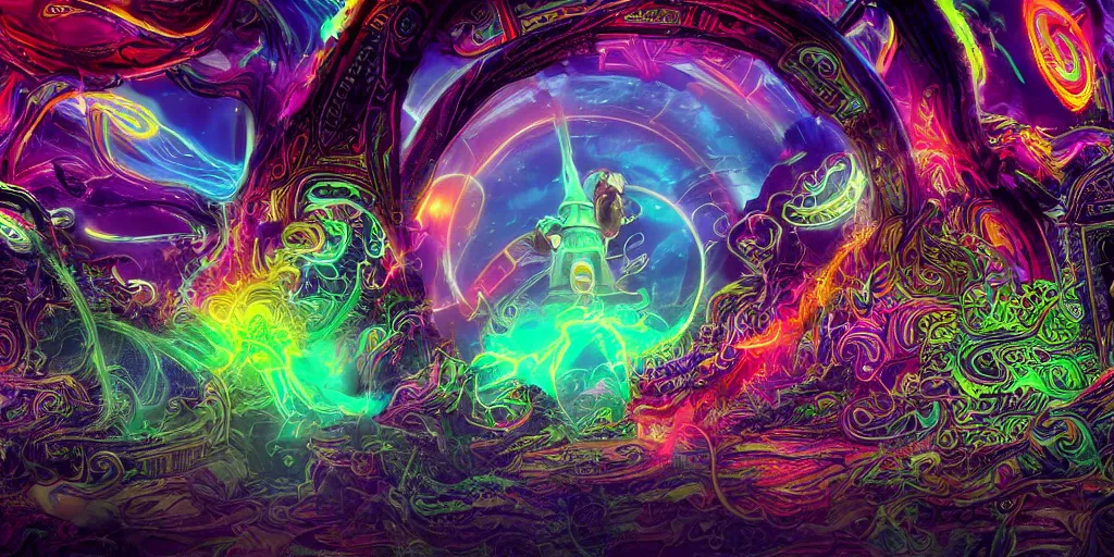 Prompt: [ palate ] [ electric energy ] [ dark and vibrant colors ] alien soul spirits congregating in front of an intricate giant arched gateway, deity spirit at the gate, vibrant neon nebulous clouds, paisley pattern synapse clouds, symmetrical details, hyper realistic illustration, radiant light rays, photorealistic illustration, intricate and fine details, volumetric lighting, artstation