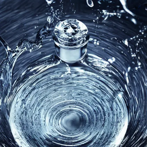 Image similar to perfume bottle emerging from water causing circular serene artistic ripples