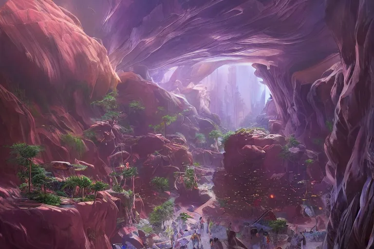 Image similar to futuristic cyberpunk city with lush garden located on rgb Antelope canyon, rocks formed by water erosion, beautiful smooth sandstone in unique shapes with light beams that shine through its walls, polish narrow slots of walls into a striated swirling finish, digital painting, concept art, smooth, sharp focus, from Star Trek 2021, illustration, by WLOP and Ruan Jia and Mandy Jurgens and William-Adolphe Bouguereau, Artgerm