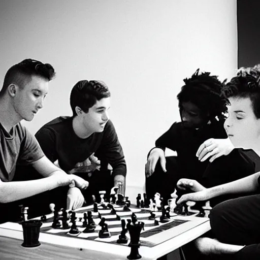 Image similar to “ a group of matty healys sit around a game of chess ”