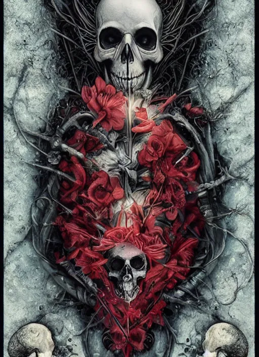 Image similar to the knave of hearts, death tarot card, highly detailed, half skull face, cinematic, 8 k, by megan duncanson, benjamin lacombe, adrian borda, stanley artgermm, tom bagshaw, craig mullins, carne griffiths, ayami kojima, beksinski, giger, trending on deviantart, hyper detailed, horror, full of colour