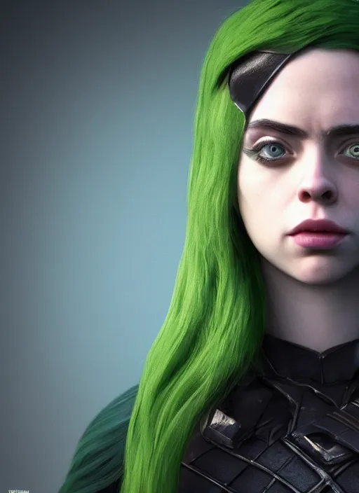 Image similar to billie eilish as female loki by Nixeu, Ian Sprigger, WLOP, Sakimichan, trending on artstation, hyper realistic, smooth octane render, majestic