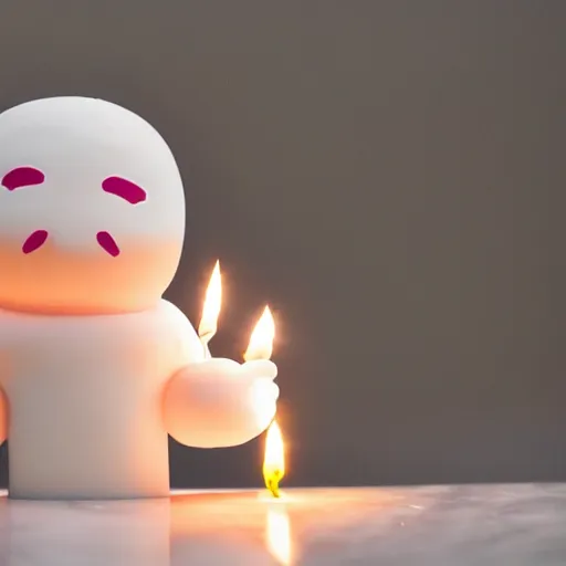 Image similar to a white marble statue of reddit snoo surrounded by lit candles