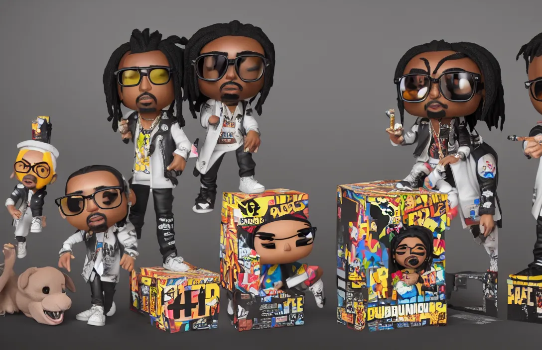 Image similar to three funko pops of rap trio migos members quavo, offset and takeoff, product shot, macro, hyper realistic, octane render, unreal engine, 4 k, 8 k