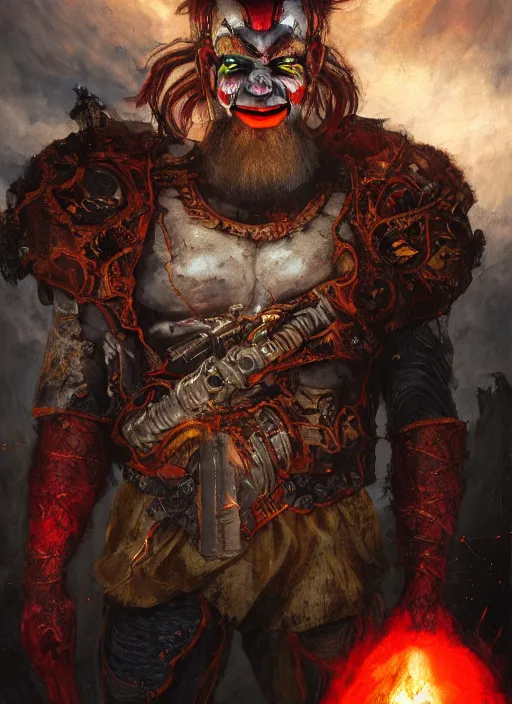 Image similar to portrait of a diabolical cyborg clown viking with a flamethrougher, torn cape, dynamic pose, glowing eyes, ancient ruins, glowing veins subsurface scattering, in clouds, sunset, portrait, by gerald brom, by mikhail vrubel, by peter elson, muted colors, extreme detail, reflections, trending on artstation, 8 k