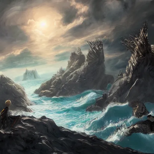 Prompt: Harry Potter having the final battle at the ocean, ArtStationHQ, digital painting, fantasy, anime, semi realism.