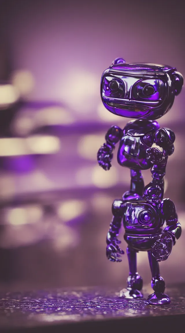 Image similar to portrait of a tiny robot on a desk, professional photo, hdr, bokeh, sci fi, purple