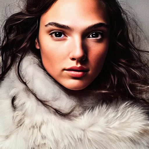 Image similar to a masterpiece portrait photo of a beautiful young woman who looks like an eskimo gal gadot, symmetrical face, random background scene