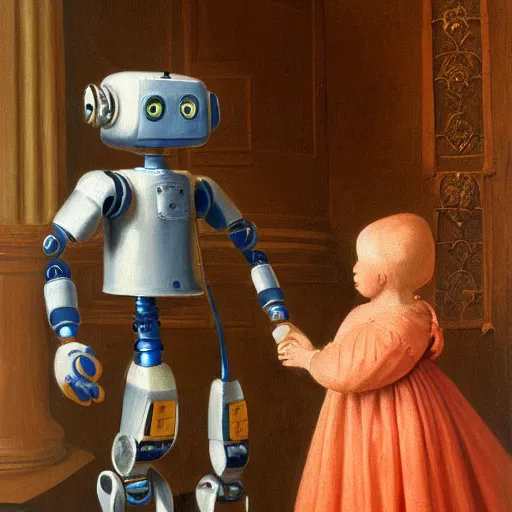 Image similar to an old painting of a robot from 1 8 5 0 raising a young little human child by jan van eyck, holding hands, ancient environment, aesthetic, 8 k, realistic painting, 4 k, trending on artstation, very detailed, photorealistic lighting