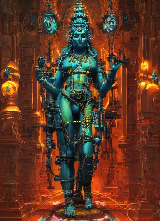 Prompt: cybertronic shiva statue in a hindu temple, neal asher sci - fi, cyberpunk, artstation, conceptual, hyperdetailed, donato giancola, james gurney, neon lights, mood lighting, rust