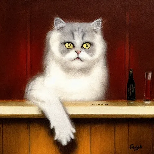 Image similar to of a british longhair cat sitting at the bar next to a beer, by greg rutkowski