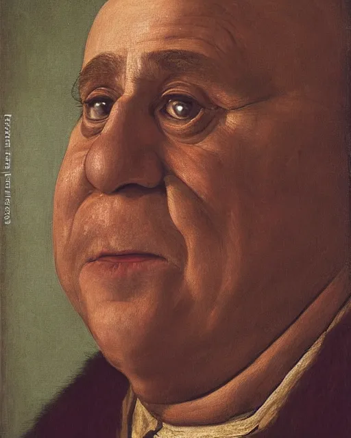 Image similar to a portrait of danny devito painted by jan van eyck, 4 k detail, portrait