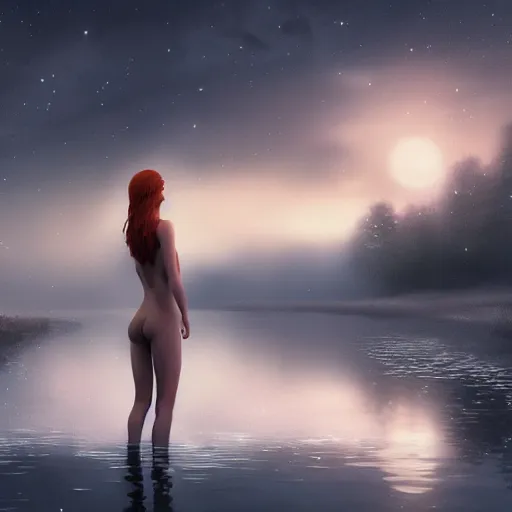 Prompt: redhead beautiful girl bathing in a river, night, moonlight,, beautiful landscape, cinematic, relaxing, extremly high detail, photorealistic, cinematic lighting, post processed, concept art, artstation, matte painting, style by greg rutkowsky