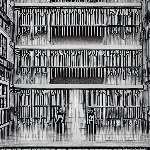Prompt: a flood of slime in a bright white hallway with many doors and many stairs, Mc Escher architecture, epic composition, by Junji Ito