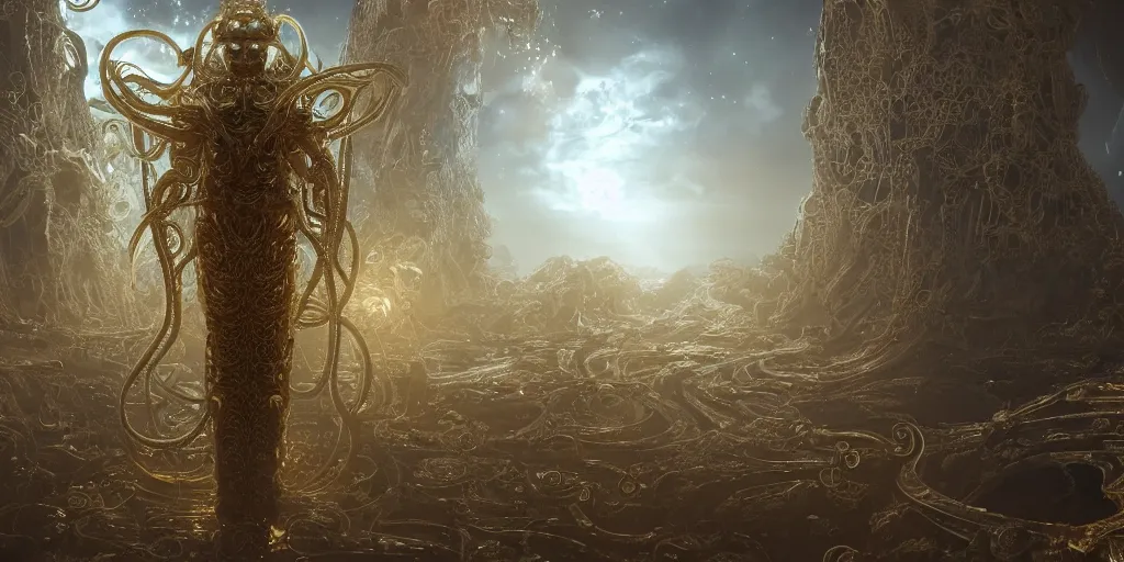 Prompt: a photo of 8k ultra realistic corrupted lovecraftian golden humanoid queen standing next to a spaceship window overlooking earth, 8 intricate white and gold tentacles, ornate white and gold armour, cinematic lighting, trending on artstation, cgsociety, 4k, hyperdetailed, focused, extreme details, unreal engine 5, cinematic, masterpiece