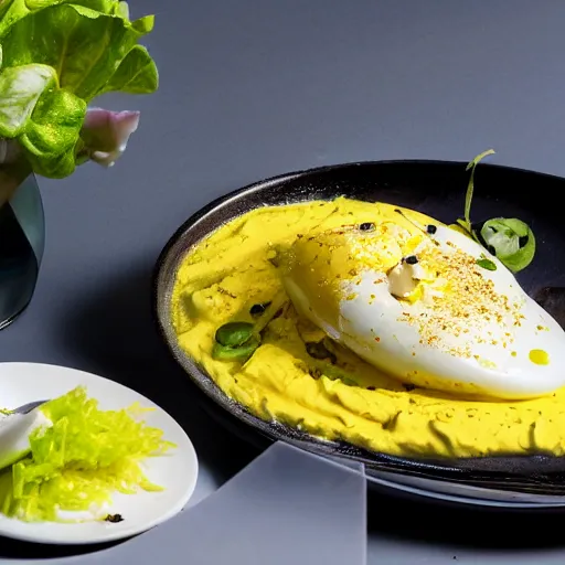 Image similar to aji de gallina, garnished with half boiled eggs and lettuce, michelin star restaurant, award winning photo, food photography, 4 k