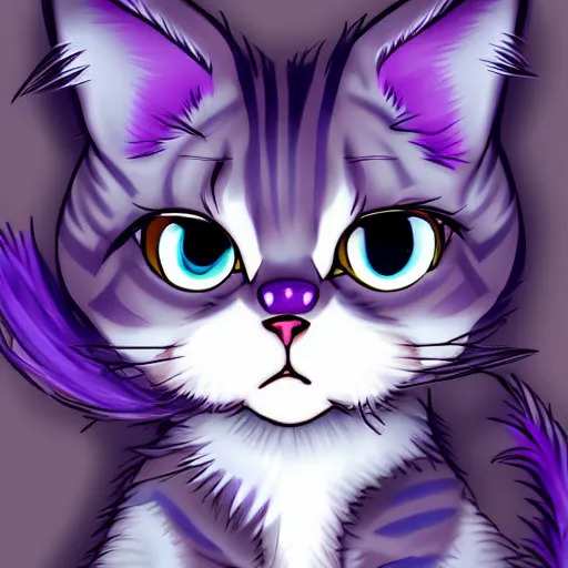 Image similar to cute anthro anime tabby cat with blue fur and purple hair, digital art