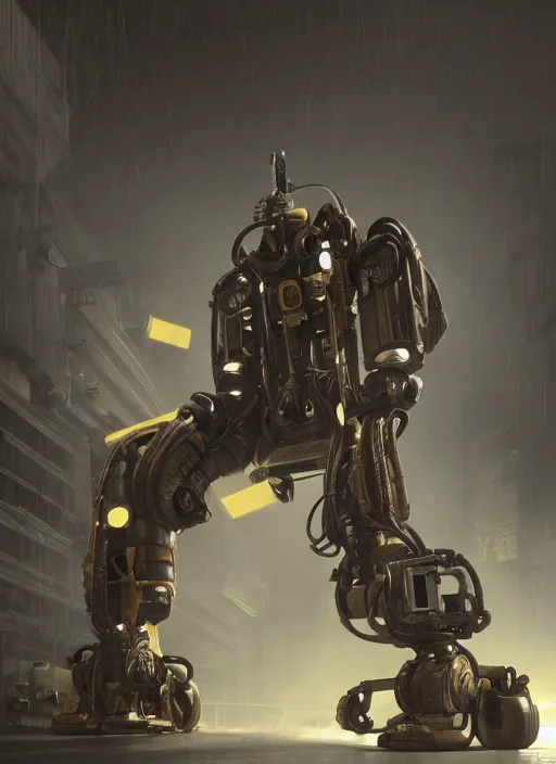 Image similar to a photorealistic dramatic hyperrealistic render of a futuristic exosuit power loader heavy machinery, ultra realistic details, glossy yellow, well worn, rust, oil stains by vitaly bulgarov and mike nash, beautiful dramatic dark moody tones and lighting, cinematic atmosphere, studio lighting, global illumination, shadows, dark background, octane render, 8 k