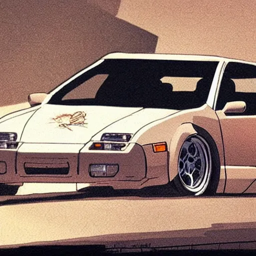 Prompt: pug dog driving a Nissan 300zx, Hayao Miyazaki, intricate detail, illustration, beautiful lighting,