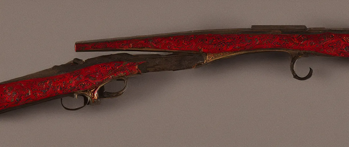 Image similar to a shotgun made from glossy red - painted wood and elements of gold metalwork