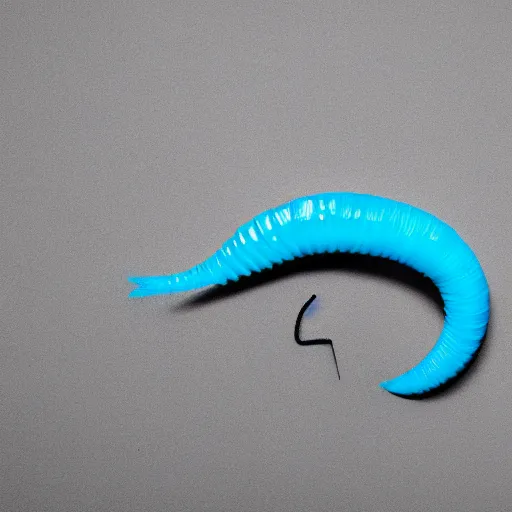 Image similar to studio photograph of a matte dark gray worm with a neon blue head and tail