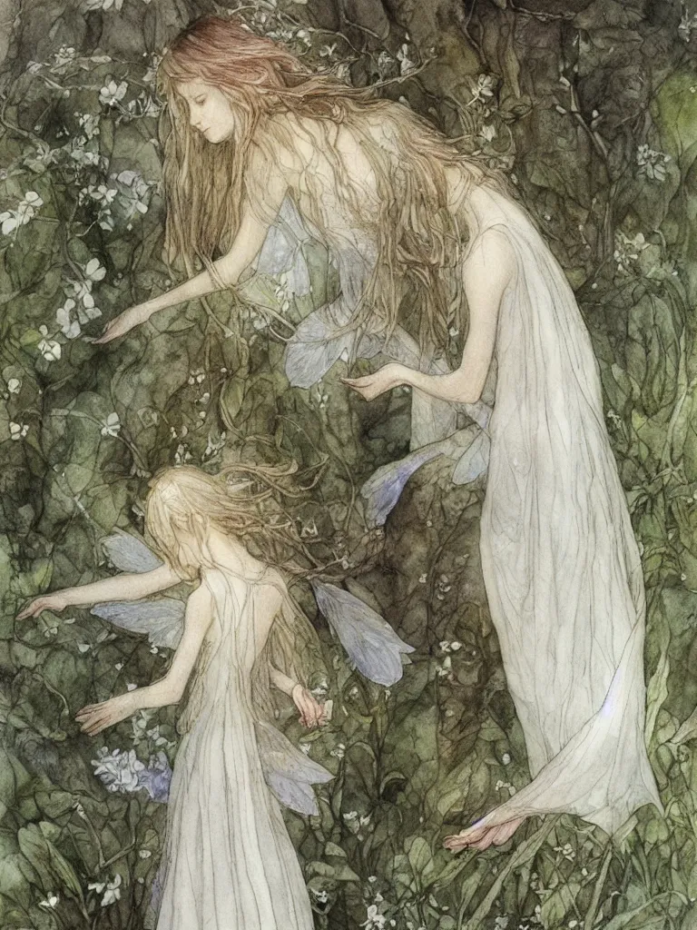 Prompt: study of a flower fairy, illustration, watercolor, alan lee, detailed, pretty, ethereal,