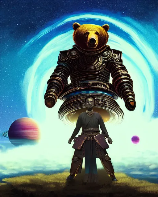 Image similar to highly detailed surreal vfx portrait of a metallic chromatic samurai bear in front of planets filled sky, stephen bliss, unreal engine, greg rutkowski, loish, rhads, beeple, makoto shinkai and lois van baarle, ilya kuvshinov, rossdraws, tom bagshaw, alphonse mucha, global illumination, detailed and intricate environment