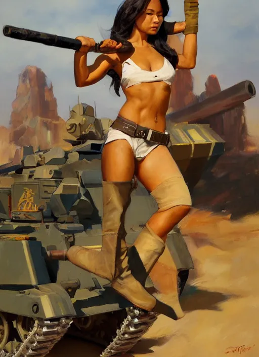 Prompt: greg manchess side portrait of a filipino fighter with a staff standing in front of a tank, organic painting, sunny day, matte painting, bold shapes, hard edges, street art, trending on artstation, by huang guangjian, gil elvgren, ruan jia, randy vargas, greg rutkowski